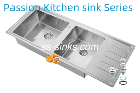 12050 مطبخ يدوي من الفولاذ المقاوم للصدأ حوض حوض مزدوج مع لوحة الصرف