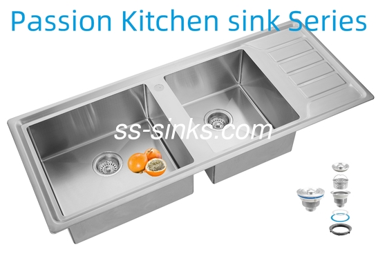 12050 مطبخ يدوي من الفولاذ المقاوم للصدأ حوض حوض مزدوج مع لوحة الصرف